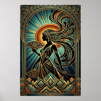 Affiche de femme Flapper Art déco en or et sarcell