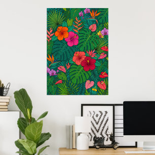 Affiche de feuilles de jungle botanique d'Hibiscus