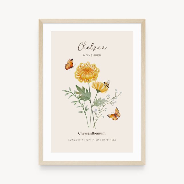 Affiche de fleur de naissance Chrysanthème (Example of chrysanthemum birth flower poster once framed. )