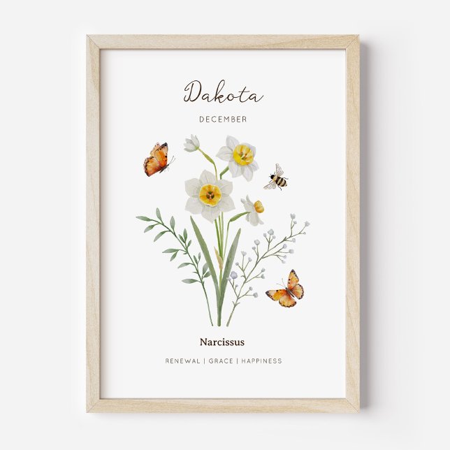 Affiche de fleur de naissance de Narcisse (Example of narcissus birth flower poster once framed. )