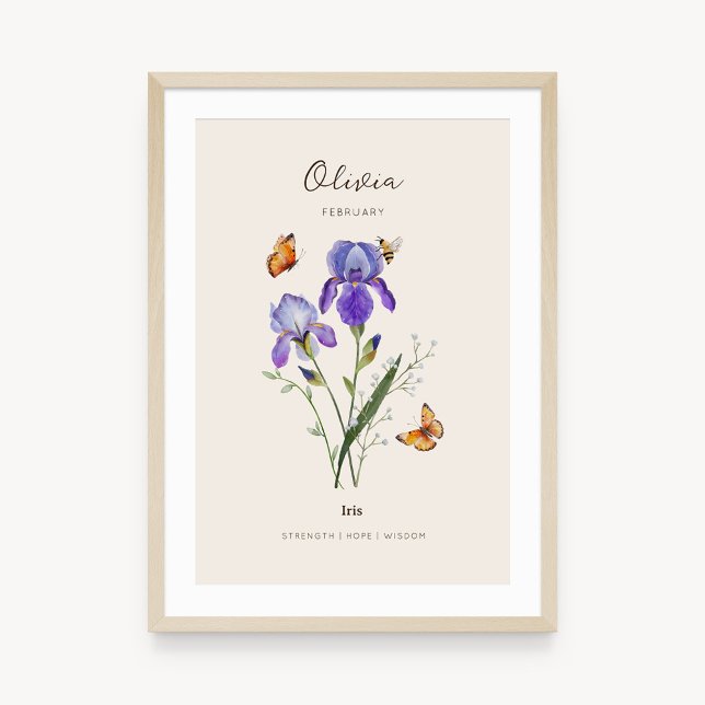 Affiche de fleur de naissance Iris (Example of iris birth flower poster once framed. )