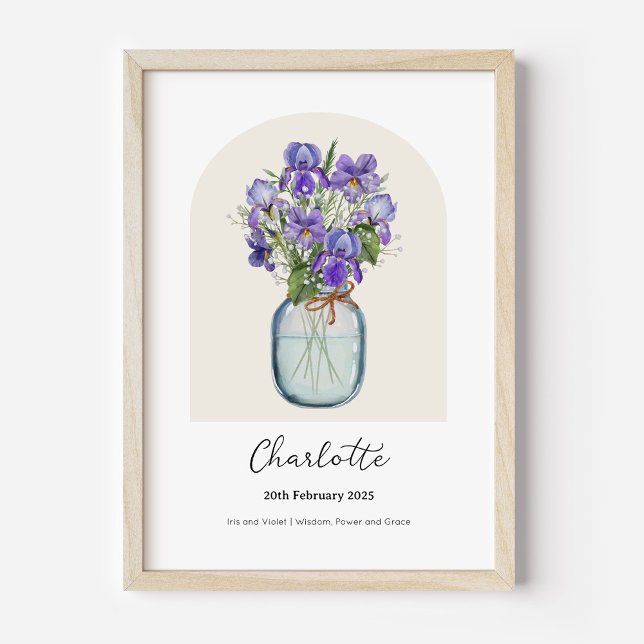Affiche de fleur de naissance Iris Violet (Personalised February Birth Month Flower Bouquet in Vase Poster | Iris and Violet.)