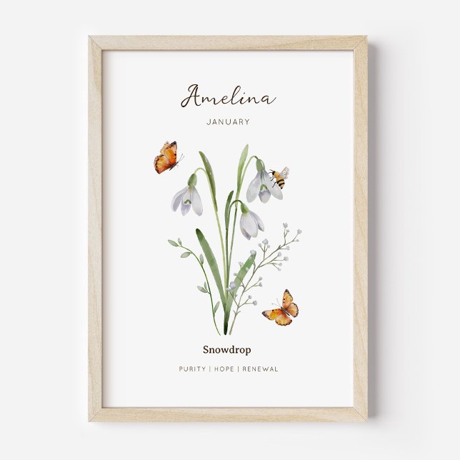 Affiche de fleurs du mois de naissance du perce-ne (Example of snowdrop birth flower poster once framed. )