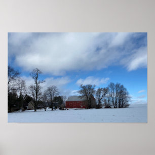 Affiche de grange rouge dans la neige