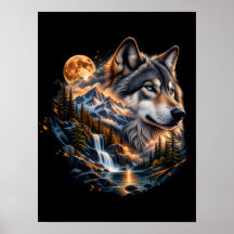 Affiche de la pleine lune sauvage du loup majestue