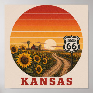 Affiche de la Route 66 Kansas Tournesol Coucher de