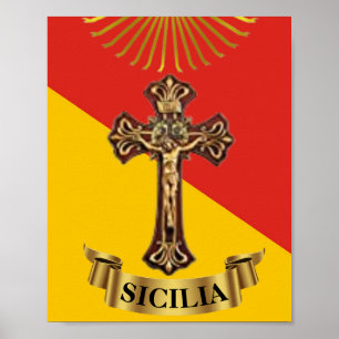 Affiche de la Sicile / Drapeau sicilien et Crucifi