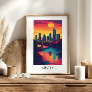 Affiche de la skyline d'Austin City au coucher du
