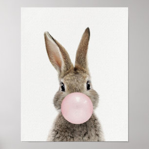 Affiche de lapin soufflant du bubble gum rose