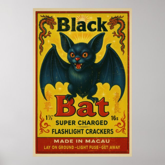 Affiche de l'étiquette de pétard Black Bat vintage (Devant)