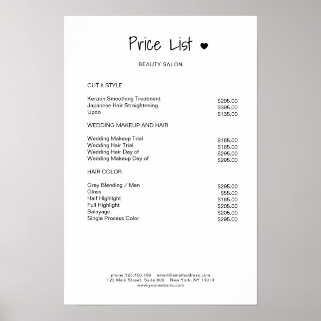 Affiche de liste de prix simple noir et blanc (Devant)
