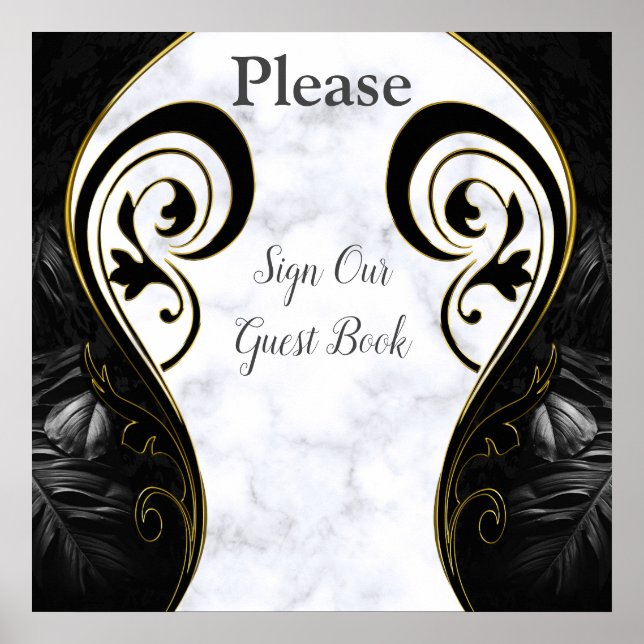 Affiche de livre d'or abstrait noir - Marbre blanc (Devant)