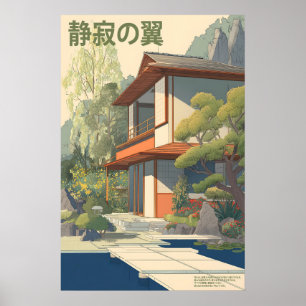 Affiche de maison japonaise jardin au bord du lac,