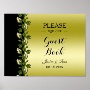 Affiche de mariage chic florale romantique or et n