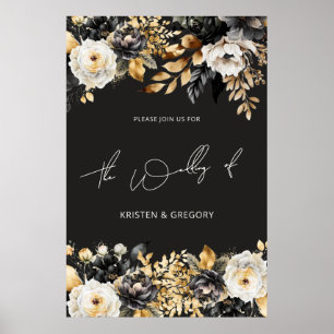 Affiche de mariage florale noire à l'aquarelle et 