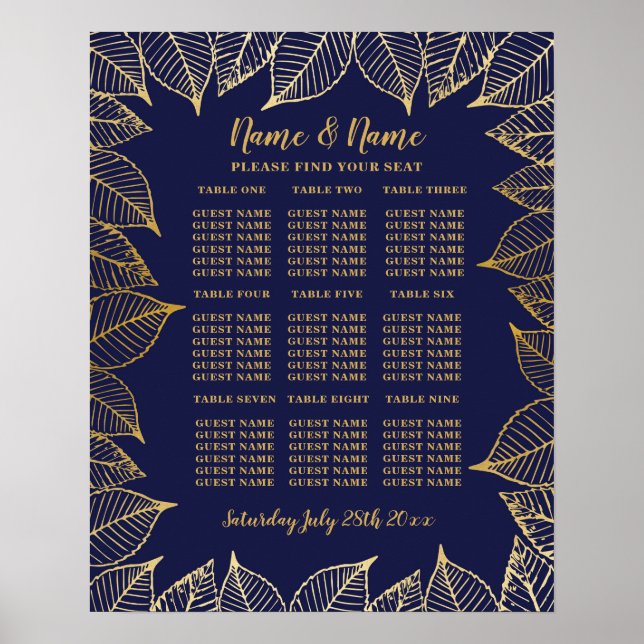 Affiche de mariage Table Plan Or 9 Places (Devant)
