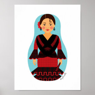 Affiche de Matriochka en robe rouge espagnole