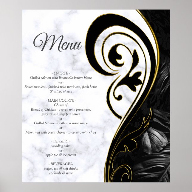 Affiche de menu abstrait noir en marbre blanc mode (Devant)