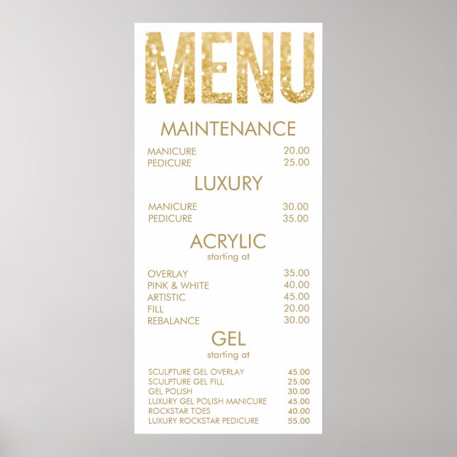 Affiche de menu de salon à paillettes noir et or (Devant)