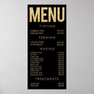 Affiche de menu de salon à paillettes noir et or