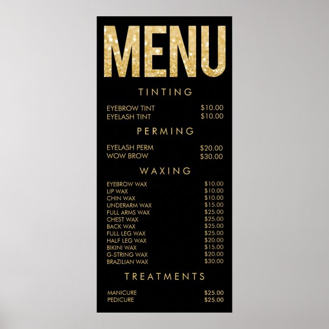 Affiche de menu de salon à paillettes noir et or (Devant)