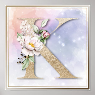 Affiche de monogramme K floral bordeaux