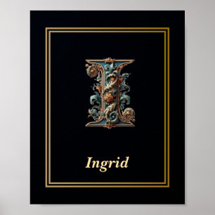 Affiche de monogramme lettre I baroque de luxe 