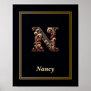 Affiche de monogramme lettre N baroque de luxe 