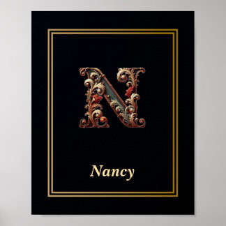 Affiche de monogramme lettre N baroque de luxe