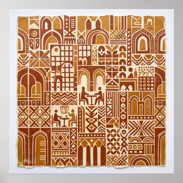 Affiche de motif d'architecture folklorique ocre (Devant)