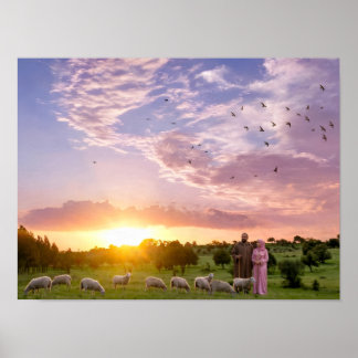 Affiche de moutons paisibles paissant au coucher d