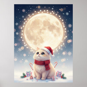 Affiche de Noël de chat mignon Kawaii avec lune