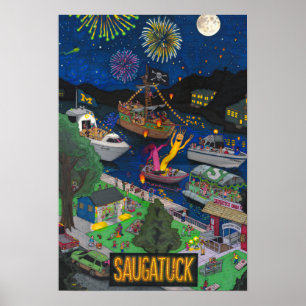 Affiche de nuit de Saugatuck (Petite 13" x 19")