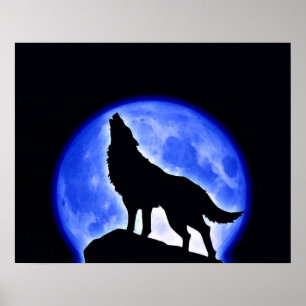Affiche de nuit Wolf Howling Blue Pleine lune