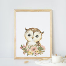 Affiche de nurserie au bébé hibou à l'aquarelle