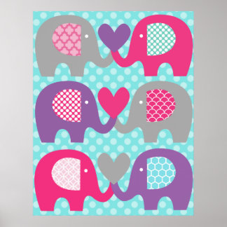 Affiche de nurserie d'amour d'éléphant rose et vio