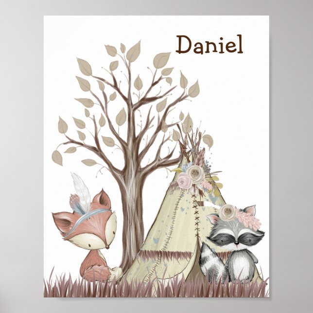 Affiche de nurserie d'animaux de forêt bohème (Devant)