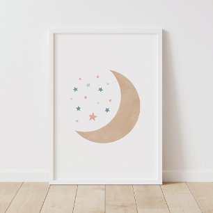 Affiche de nurserie Lune et Étoiles à l'aquarelle