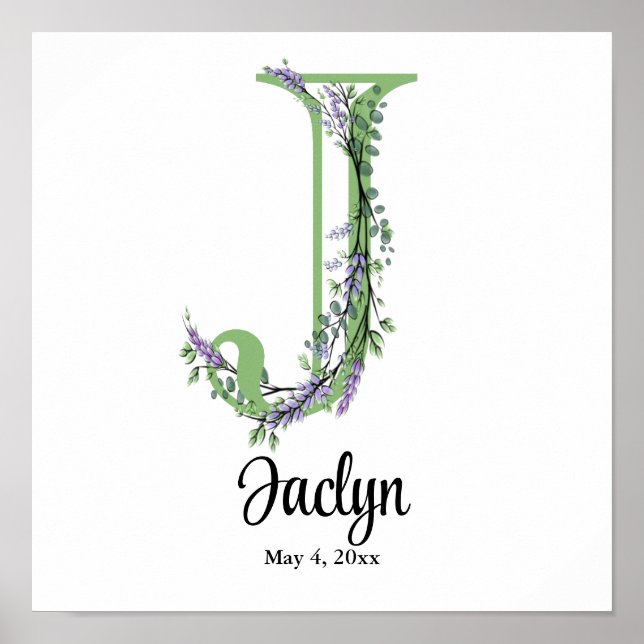 Affiche de nurserie Monogram J Lavender Eucalyptus (Devant)