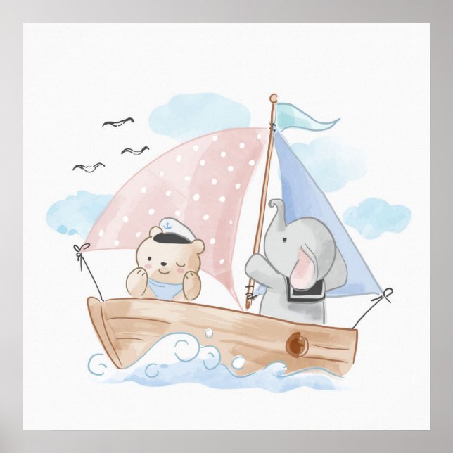 AFFICHE DE NURSERY : BATEAU AVEC ÉLÉPHANT & OURSON (Devant)