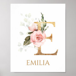 Affiche de nursery Monogramme Lettre E rose rose