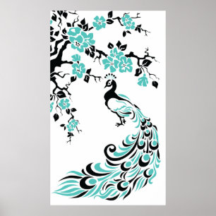 Affiche de paon bleu turquoise et de fleurs de cer