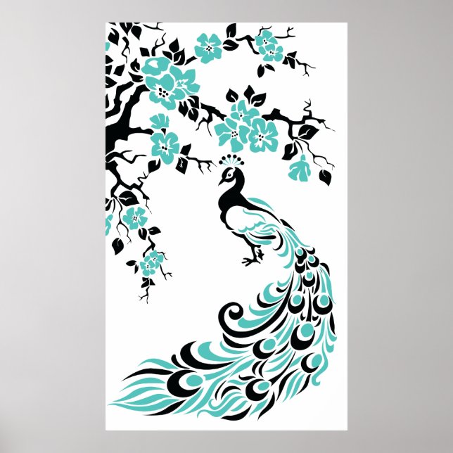 Affiche de paon bleu turquoise et de fleurs de cer (Devant)