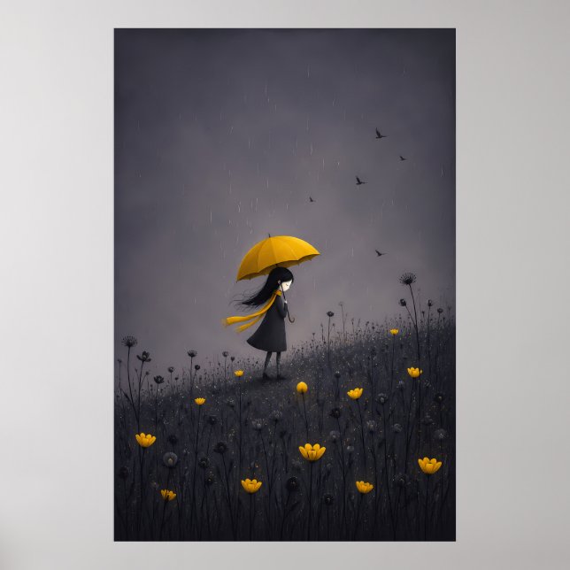 Affiche de parapluie jaune fleurs sombre et fantai (Devant)
