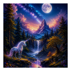 Affiche de paysage fantastique de licorne au clair
