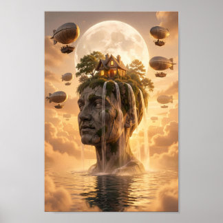 Affiche de paysage onirique sous la lune dorée de
