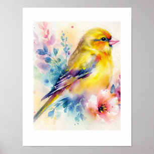 Affiche de peinture à l'eau florale d'oiseau chant