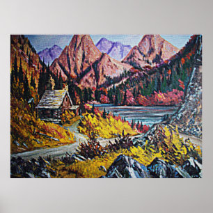 Affiche de peinture à l'huile de cabane au bord du