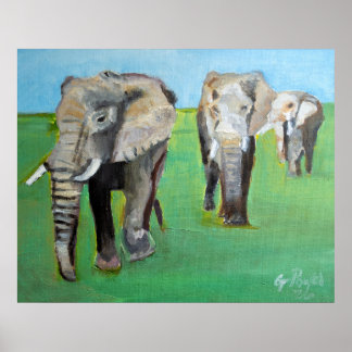 Affiche de peinture à l'huile sur les éléphants d'