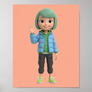 Affiche de personnage d'anime 3D mignon qui agite